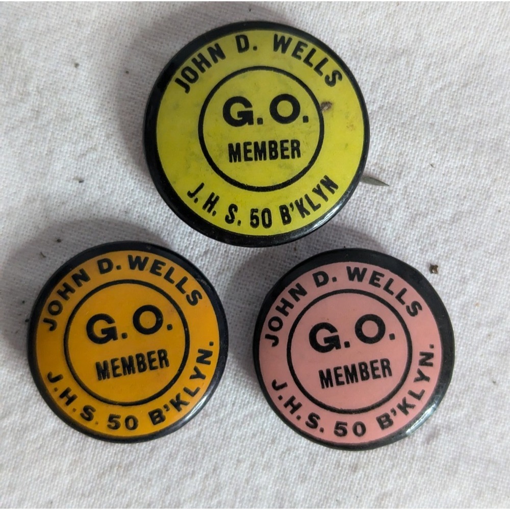 3 lot John D wells G.O. member Junior High 50 Brooklyn vintage button pins J.H.S